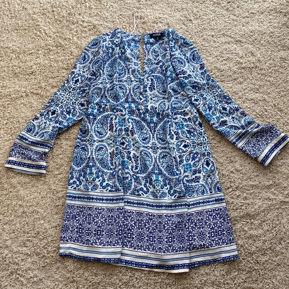 Allen B Blue White Paisley Print Boho Long Sleeve Shift Dress M